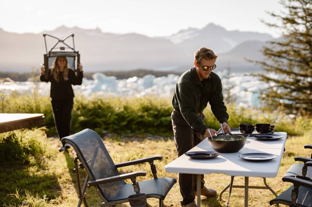 Dinner being prepared on the shore of the glacial lagoon
