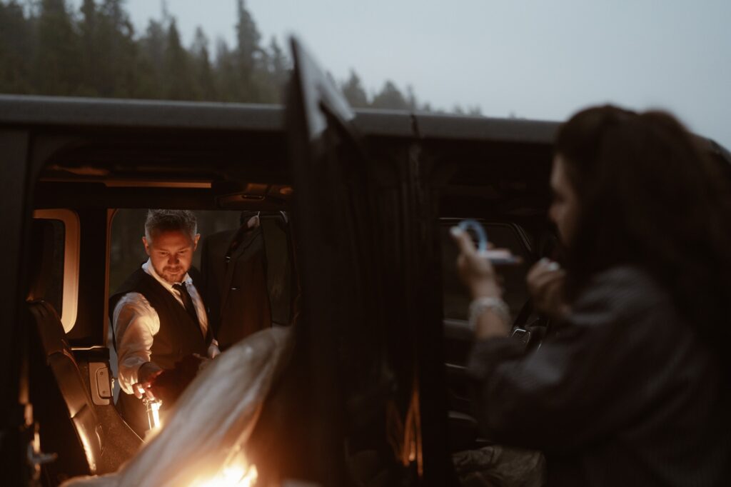 Groom getting ready for Bear Lake elopement