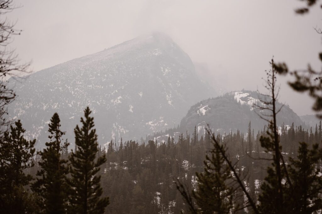View of snowy mountains in Rocky Mountain National Park