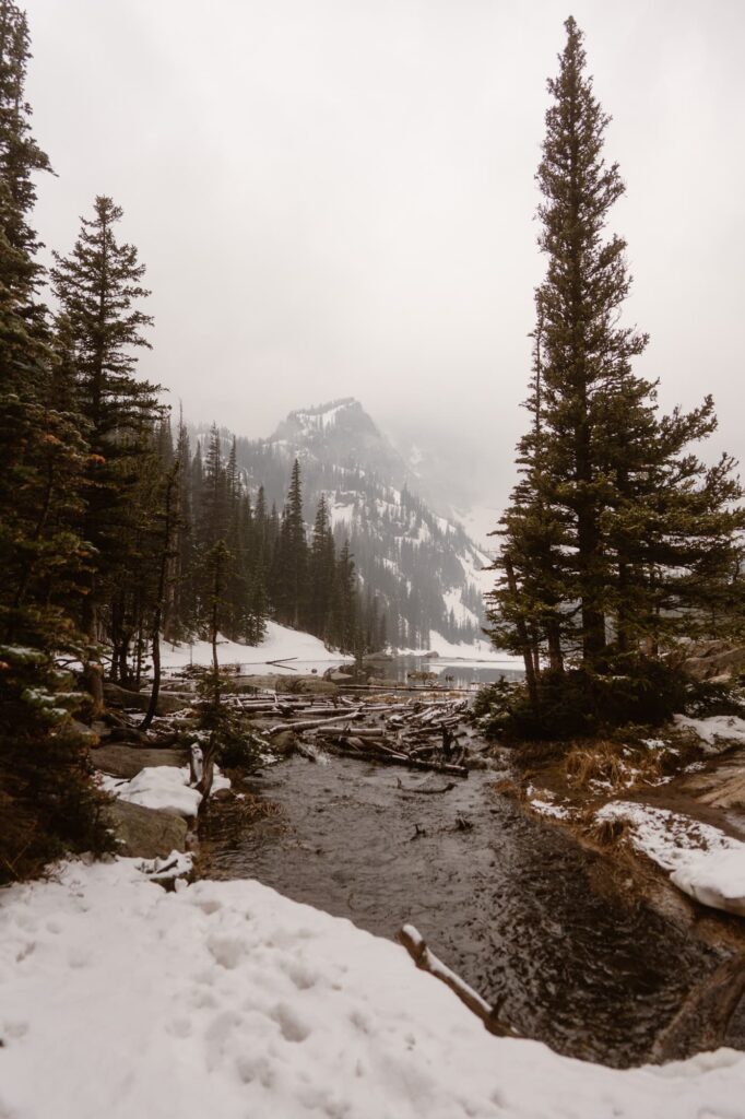 Winter scene at Dream Lake in Rocky Mountain National 