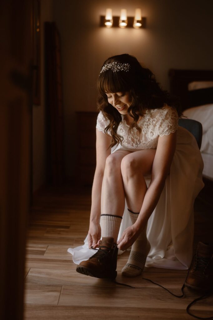 Bride getting ready for her adventure elopement