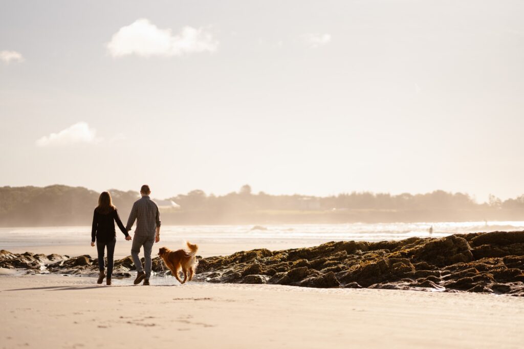 Portland, Maine beach lifestyle portrait session with a dog at sunrise