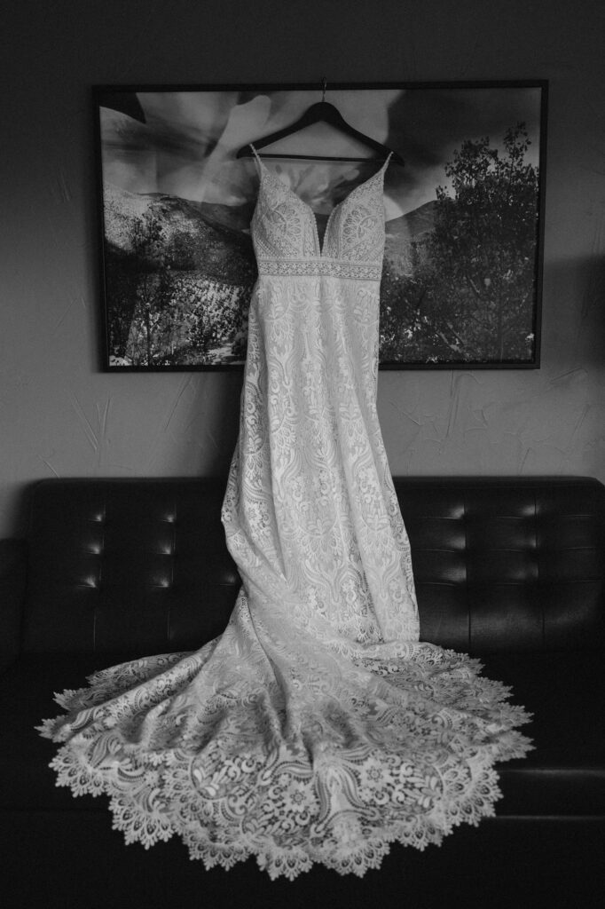 wedding dress hanging from a painting at the Lodge at Breckenridge