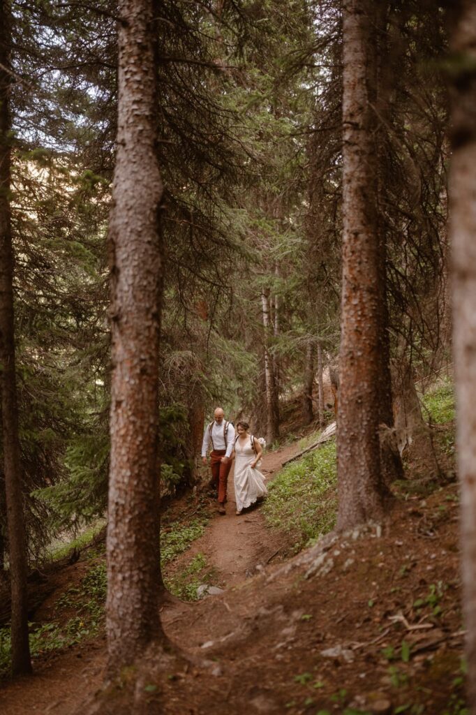 Couple hiking through tall trees on their wedding day in Colorado