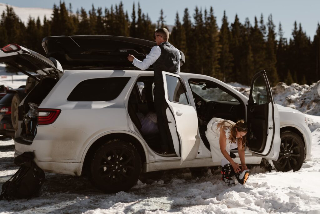 Family getting ready to ski on their elopement day in Breckenridge, Colorado