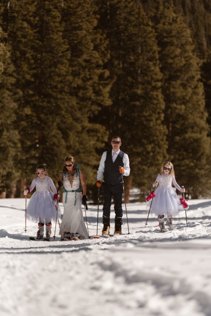 Family skiing off to the mountains in Breckenridge, Colorado