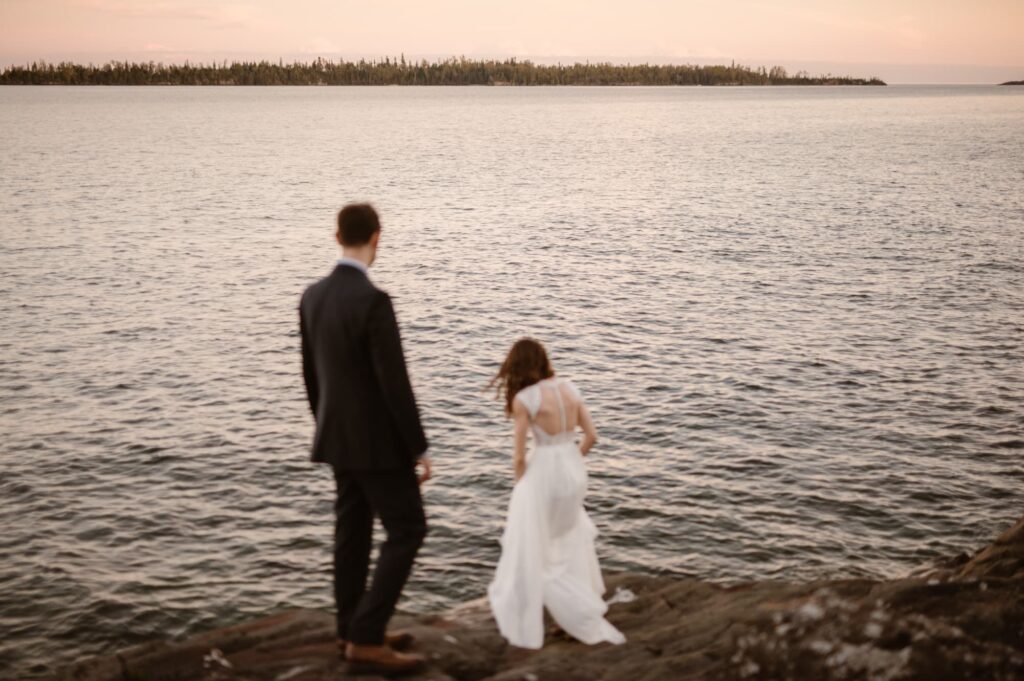 View of Lake Michigan and bride and groom