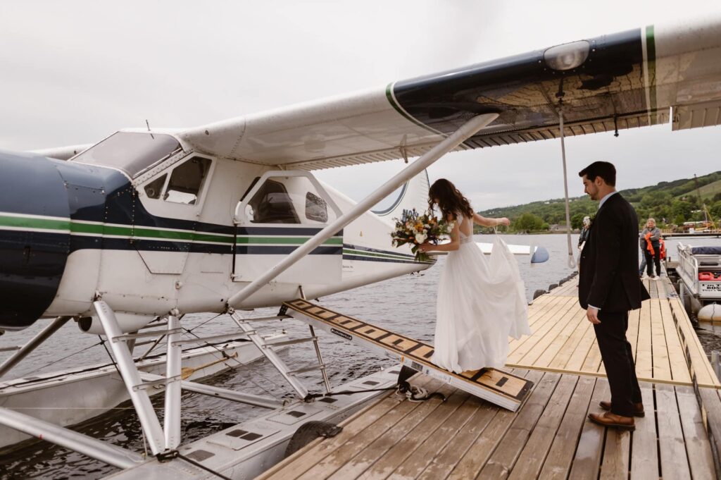 Bride and groom loading onto the float plane to fly to Isle Royale National Park
