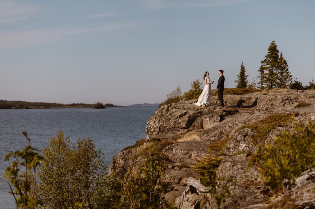 Bride and groom exchanging vows at Isle Royale National Park