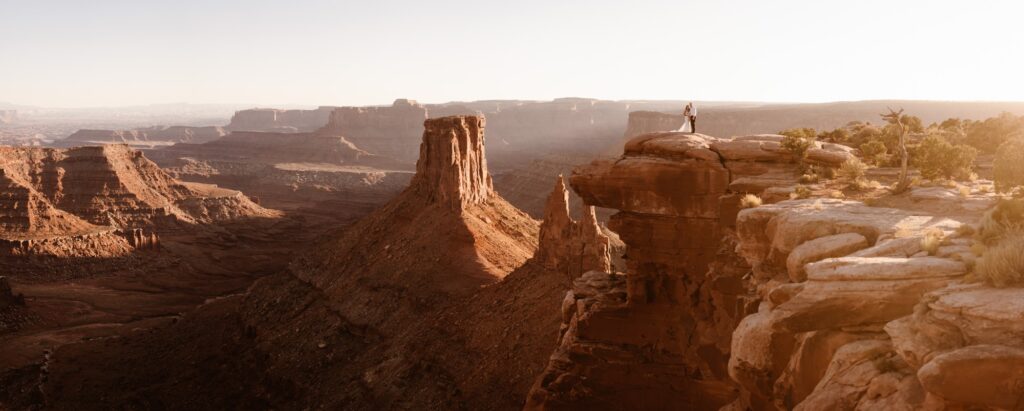 Panoramic views of dramatic Moab, Utah during an adventure elopement