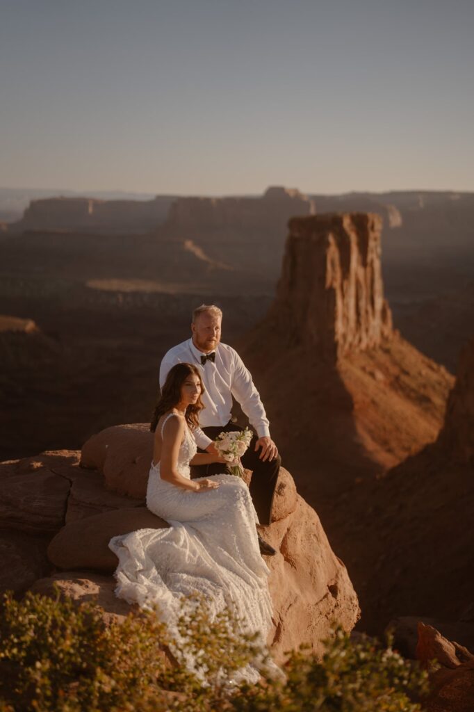 Moab sunset adventure elopement with dramatic views