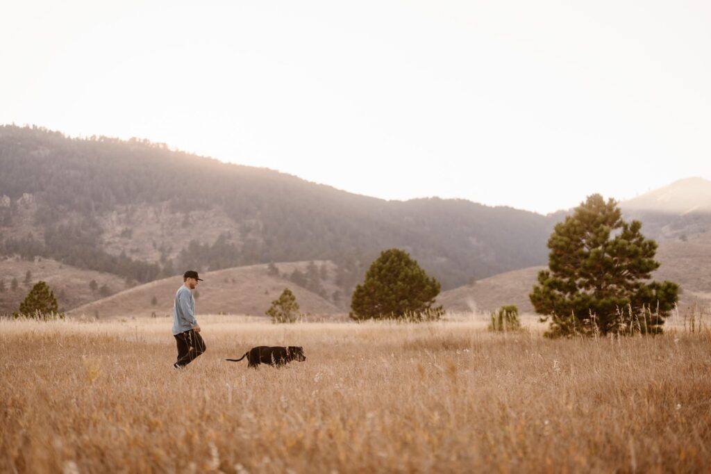 Senior dog walking with his owner during lifestyle portrait session