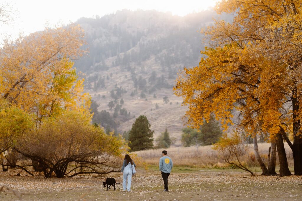 Dog and owners walking through an open space at Lory State Park with Autumn color