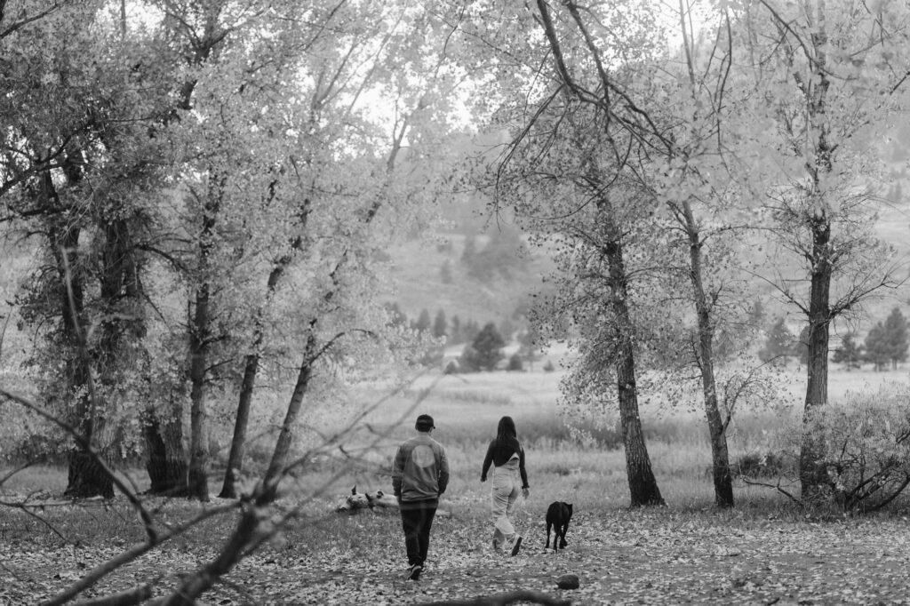 Couple walking through the trees with their dog at Lory State Park