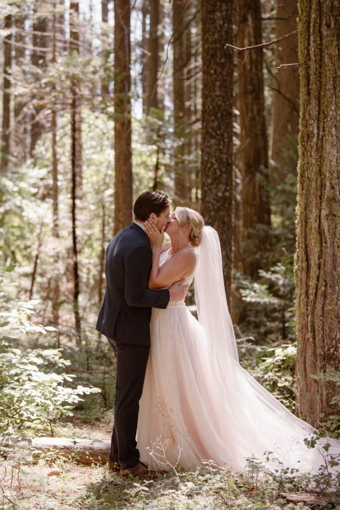 Couple shares a first kiss in the sunny old growth forest in California