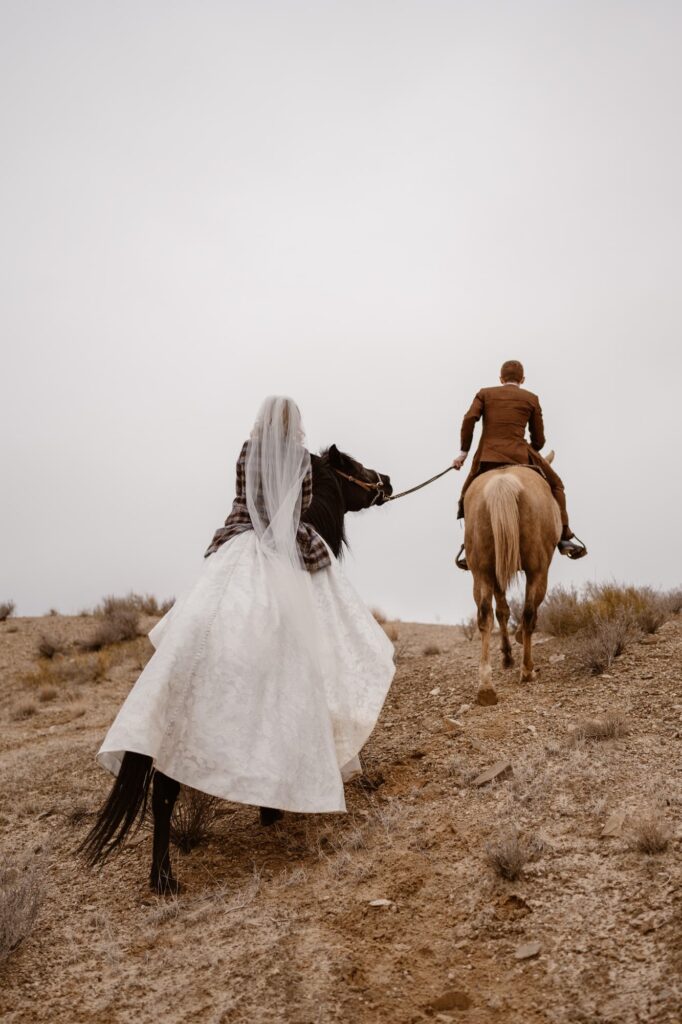 Bride and groom on horses overlooking the desert