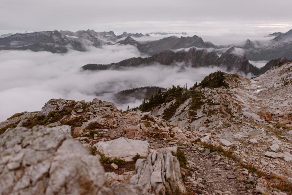 View of rocky mountains in Washington with cloud inversion