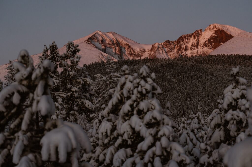 Snowy view from Lily Lake of Meeker and Longs Peak