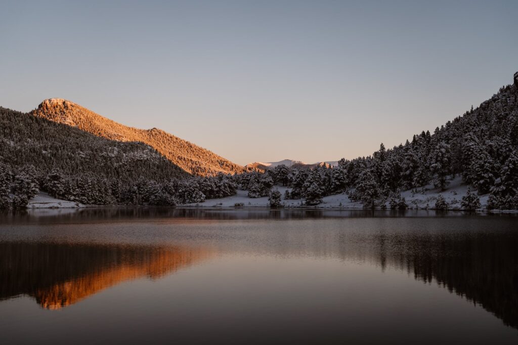View of Lily Lake in Estes Park, Colorado in May during a sunrise wedding portrait session