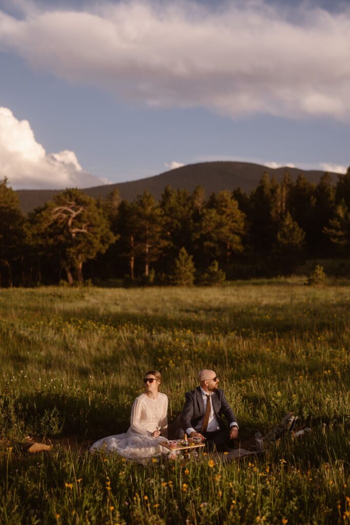 Couple enjoying a picnic in a meadow of wildflowers on their elopement day