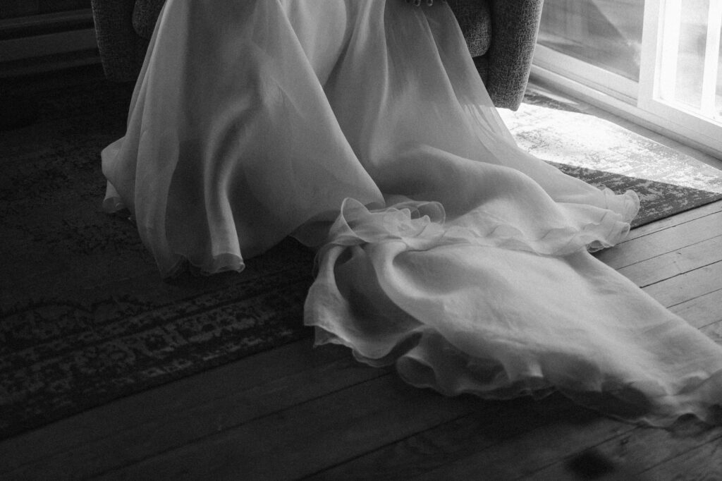 Wedding dress spilling onto the cabin floor