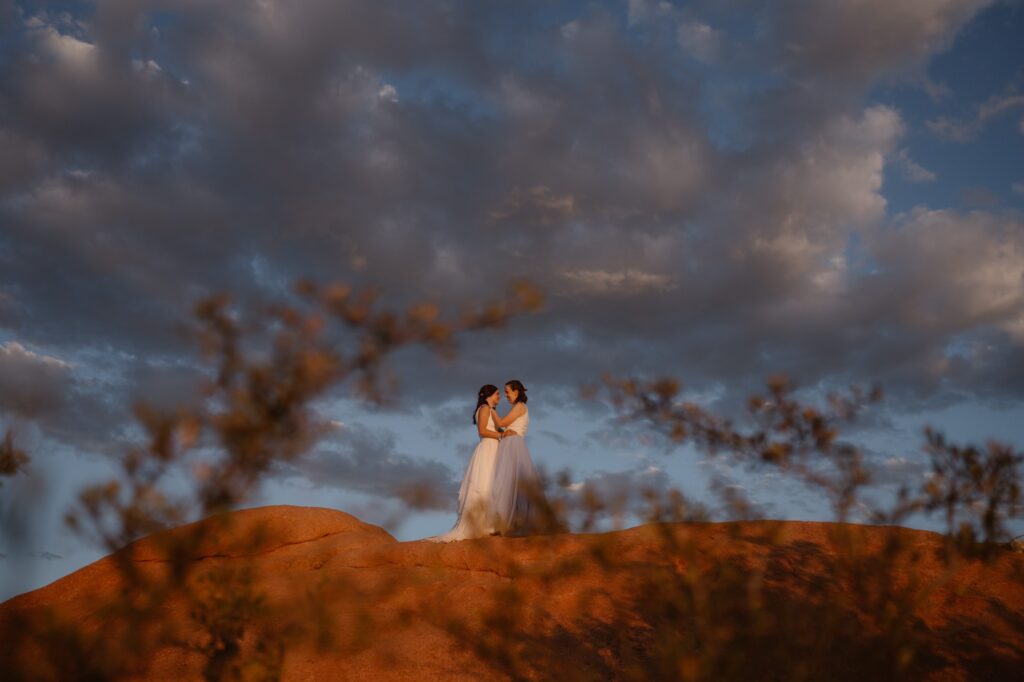 Portrait of two brides at Garden of the Gods on their elopement day