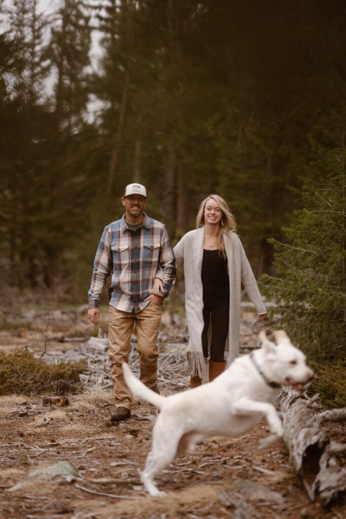 Couple walking through the forest with their dog jumping over a log