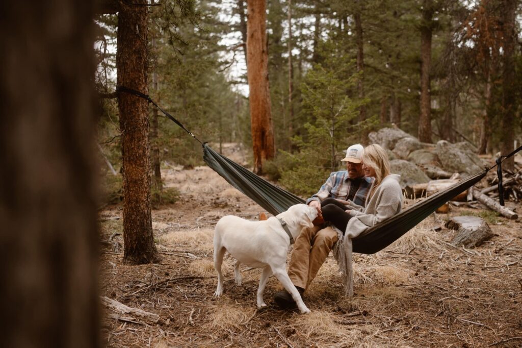 Couple hanging in a hammock with their dog