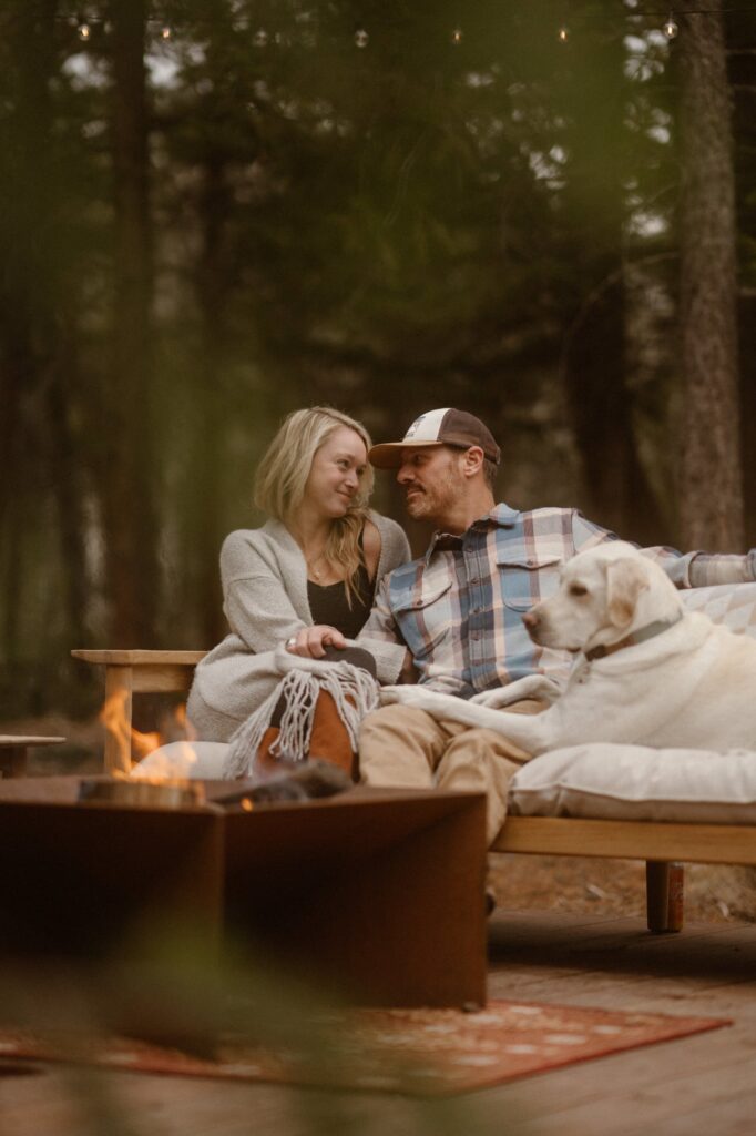 Outdoor engagement portraits with yellow lab