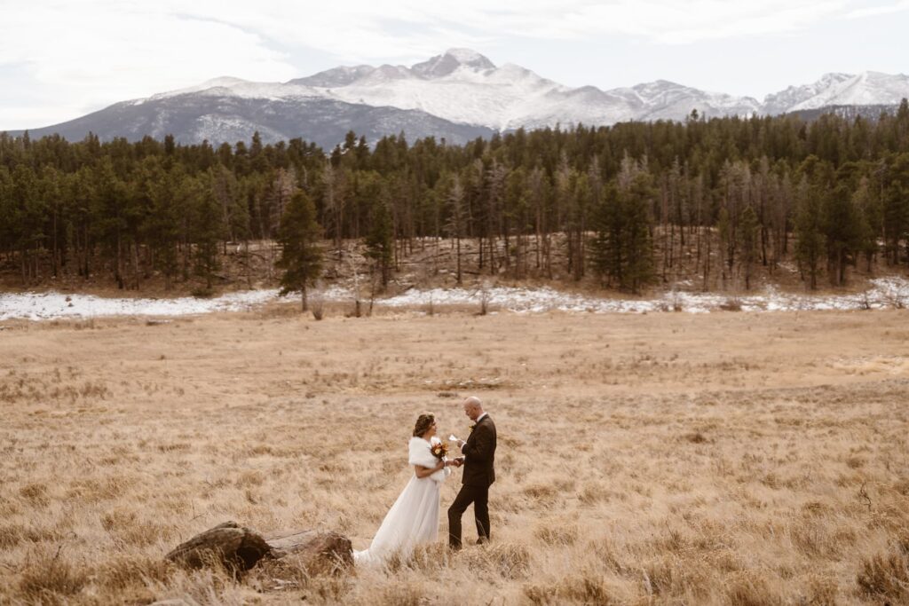 Couple sharing wedding vows privately in an open meadow with mountains in the distance