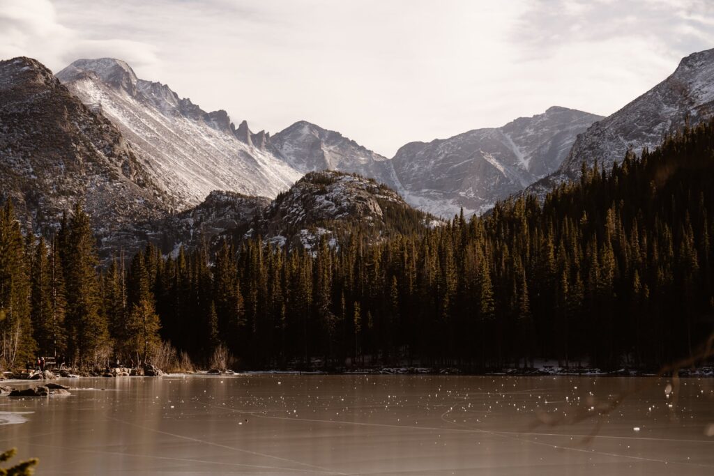 View of frozen Bear Lake in November in Rocky Mountain National Park