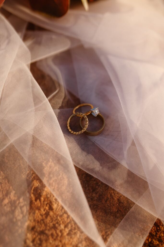 Wedding rings amongst the glowing veil