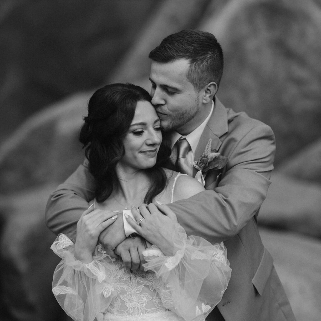 Romantic black and white of bride and groom