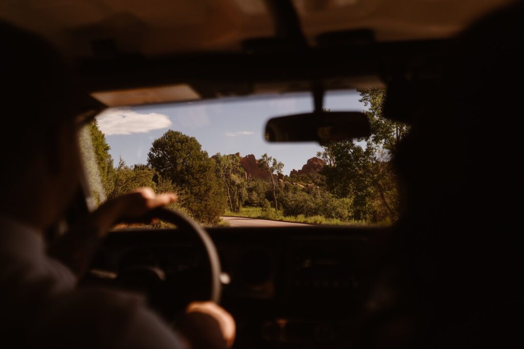 View through Jeep window at Colorado wedding in Garden of the Gods