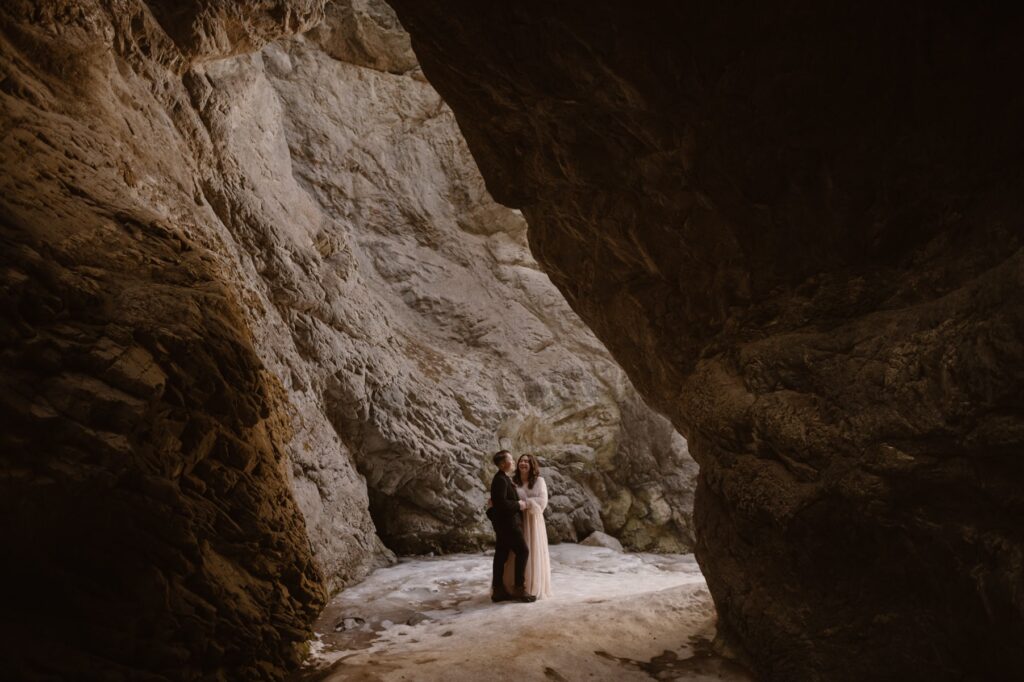Elopement day portraits in a frozen slot canyon