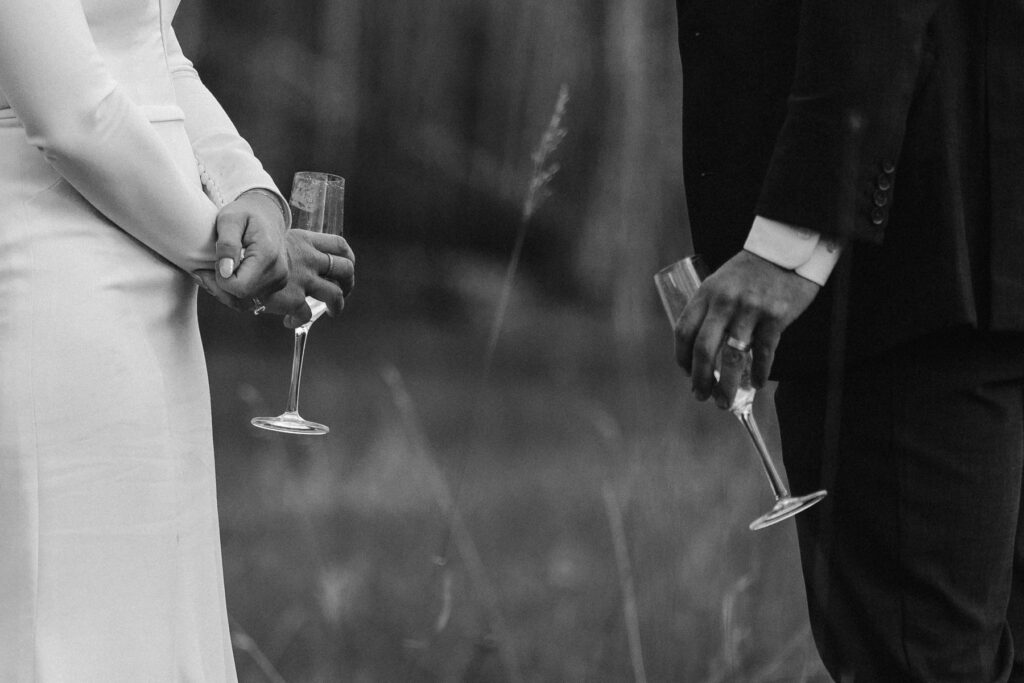 Bride and groom with champagne glasses