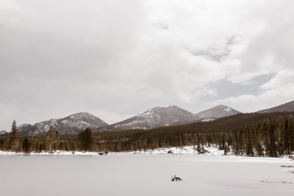 View from the north side of Sprague Lake during a winter wedding ceremony