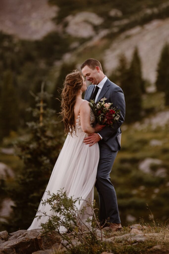 Romantic wedding day couples portraits in the mountains