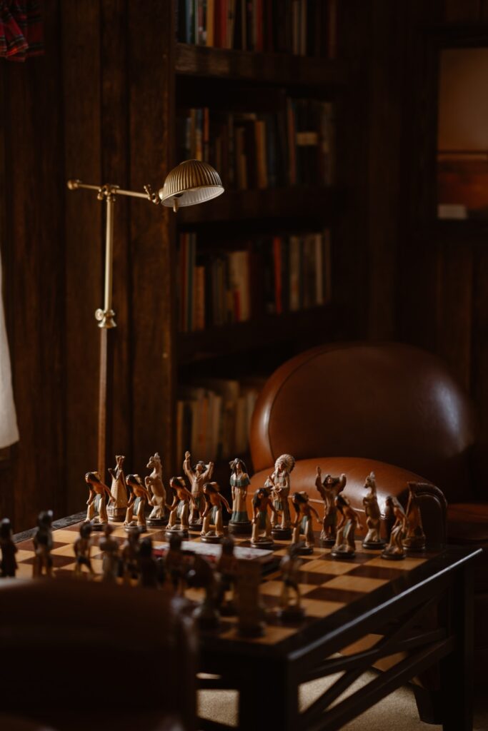 Moody view of chess set at Romantic RiverSong Inn